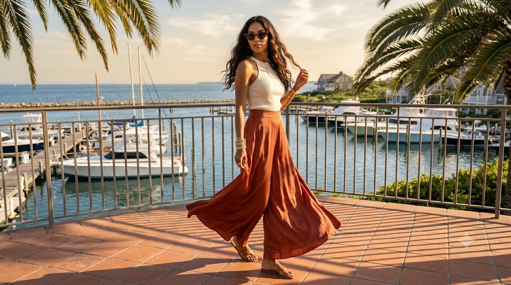 Terracotta Silk Palazzo Pants & Knit Tank